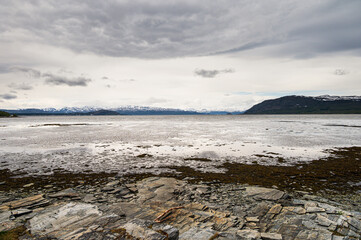 snowy landscape along the road from the island of Mageroya to Alta, Norway