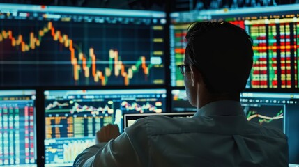 Poster - Financial analysts examining a stock chart with complex candlestick patterns and moving averages.