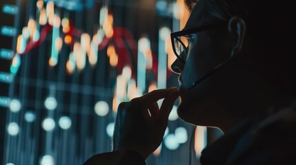 Poster - Financial analysts examining a stock chart with complex candlestick patterns and moving averages.