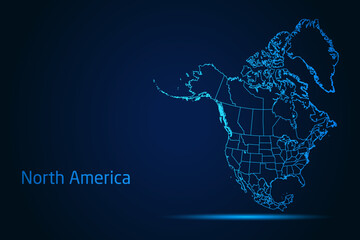 abstract high detailed glow blue map on dark background of map of north america symbol for your web 