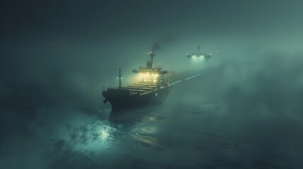 Wall Mural - Illustrate a cargo ship navigating through a dense fog,