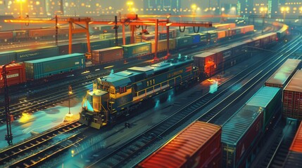 Poster - Illustrate a cargo train at a large logistics hub, with multiple tracks and various types of cargo being handled