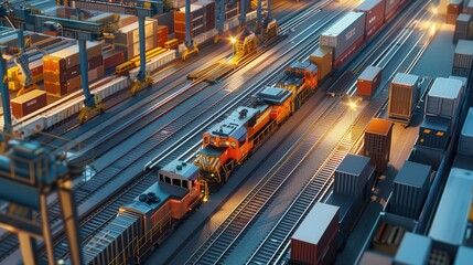 Poster - Illustrate a cargo train at a large logistics hub, with multiple tracks and various types of cargo being handled