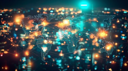 Poster - Global Network Connection Map with Lights and Lines