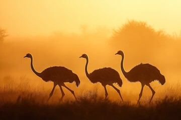 Three ostriches walking in a line. The photo can be used for projects about Africa or birds.