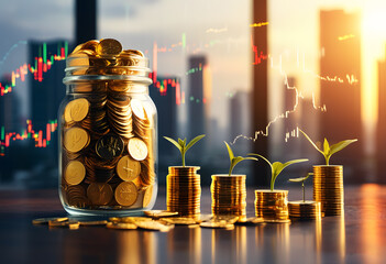 Jar full of gold coins with cityscape and stock market charts as background Financial growth concept