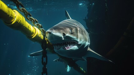 Large shark swimming near yellow chain underwater