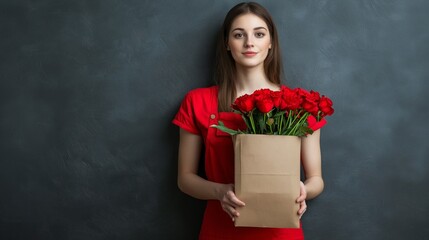 Young woman in red dress holding bouquet of red roses in paper bag, flower delivery concept, romantic gift, Valentine's Day, celebration, copy space