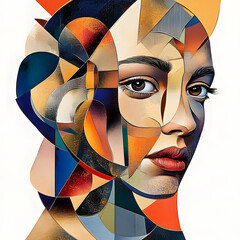 Sticker - Cubist collage with a human face and various geometric shards. Artwork. The painting is abstract and has many different colors. Illustration for cover, card, postcard, interior design, decor or print.