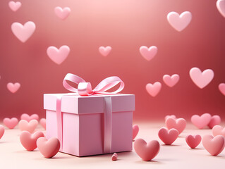 Wall Mural - Pink three-dimensional gift box, red flying hearts made of paper, love Valentines Day.