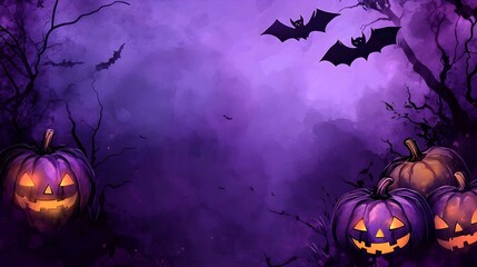 Wall Mural - In the pitch darkness, the purple Halloween pumpkin with glowing orange eyes looks very scary, adding to the terrifying atmosphere of Halloween night