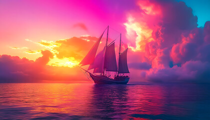 Sticker - A ship is sailing in the ocean with a bright purple and pink color scheme