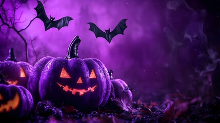 A purple Halloween pumpkin with orange light emanating from its eyes lurks in the eerie dark shadow