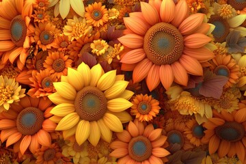 Wall Mural - A Close-Up View of a Cluster of Vibrant Sunflowers and Other Flowers