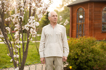 Wall Mural - Senior Ukrainian man outside on sunny day near blooming tree wearing Ukrainian embroidered shirt