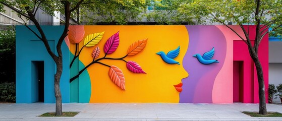 Wall Mural - Colorful Mural with Birds and Tree Branch