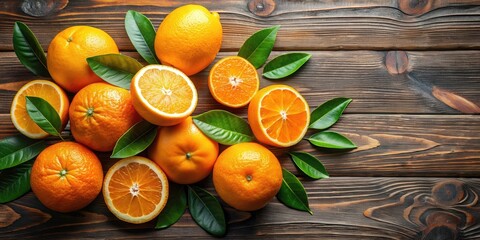 Aufkleber - Fresh oranges with slices and leaves on wooden background , Oranges, citrus fruits, freshness, healthy, vitamin C