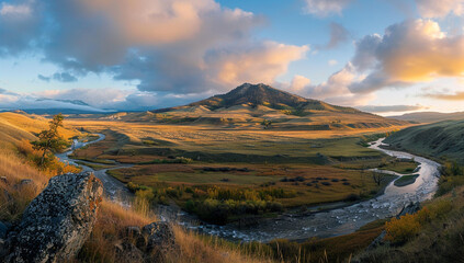 Wall Mural - a panoramic scene of a dome mountain with rolling hills and a winding river