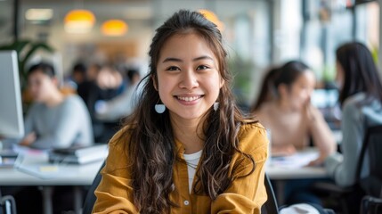 Poster - young Asian woman seated at her desk with a friendly smile