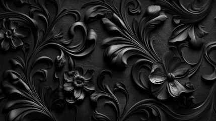 Wall Mural - Black Floral Carving with Intricate Detail