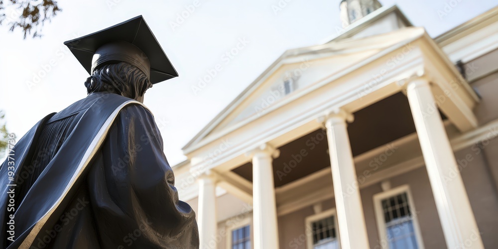 This is a statue of a person in a graduation gown, standing in front of ...