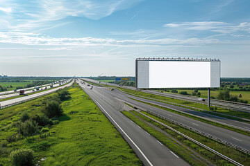 Blank billboard on a highway with green grass and a blue sky. Blank billboard for advertising. Generative AI