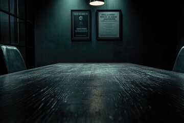 Wall Mural - Dark Room with a Wooden Table and Two Chairs