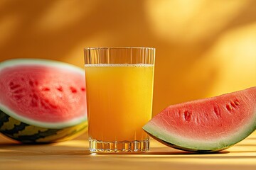 Glass of watermelon juice with fruit slices. Great for promoting healthy drinks and summer refreshments.