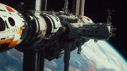 Wall Mural - Futuristic Space Station Orbiting Alien Planet with Multiple Docking Ports
