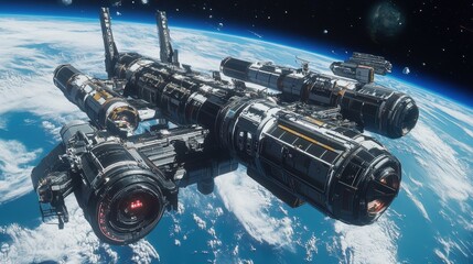Wall Mural - Futuristic Space Station Orbiting Exoplanet with Docking Ports for Interstellar Travel