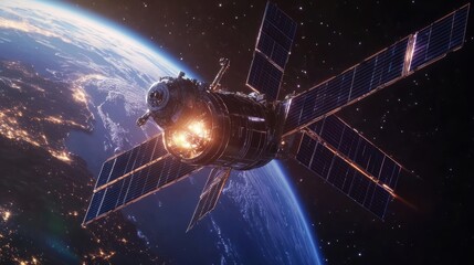 Wall Mural - futuristic satellite in orbit deploying solar panels around earth