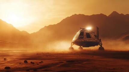 Wall Mural - future mission: spacecraft landing on red planet with majestic mountains