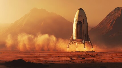 Wall Mural - Futuristic Spacecraft Landing on Red Planet Surface with Majestic Mountains in Distance
