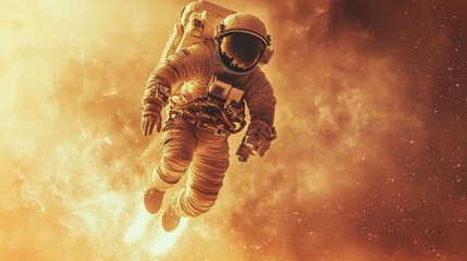 Wall Mural - Futuristic Space Exploration: Astronaut Floating Between Spaceships with Jetpack Thrusters