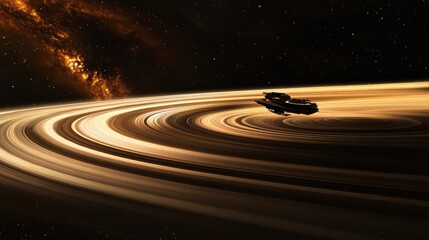 Wall Mural - interstellar voyage: spacecraft adventuring through rings of a majestic gas giant