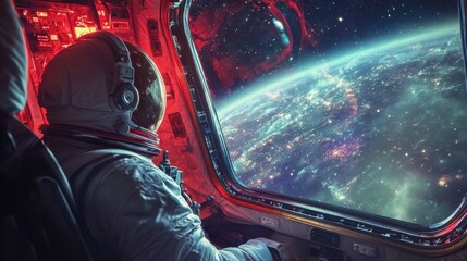 Wall Mural - Contemplating the Cosmos: Astronaut Gazing at Space from Inside a Spacecraft