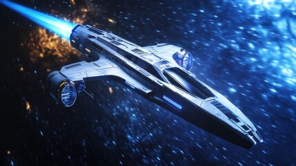 Wall Mural - Futuristic Spaceship Blasting into Warp Speed Adventure Among Stars in Deep Space Exploration Concept