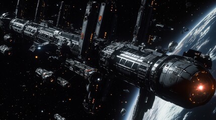 Wall Mural - Cosmic Hub: Space Station Orbiting a Distant Red Dwarf Star with Multiple Docking Ports