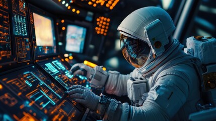 Wall Mural - Astronaut Monitoring Satellite Network from Inside Space Station