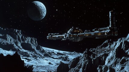Wall Mural - lunar outpost: a space station floating above a remote moon with rough, rocky landscape in outer spa