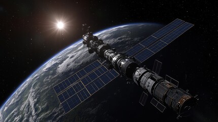 Wall Mural - Futuristic Space Station Orbiting Binary Star System with Extended Solar Panels