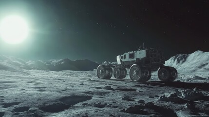Wall Mural - futuristic spacecraft expedition on barren icy moon - scientific exploration in space concept