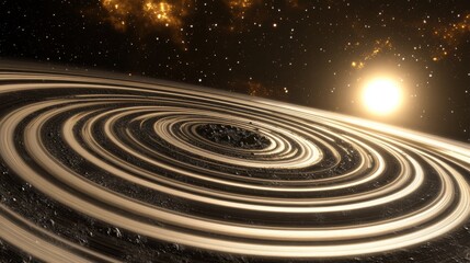 Wall Mural - Cosmic Exploration: Spacecraft Orbiting Exoplanet with Rings in Deep Space Discovery Mission