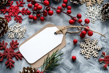 A blank white gift tag surrounded by Christmas decorations like red berries, snowflakes and wooden toy sweater boards and a red Christmas card with copy space on the right side, in the style 