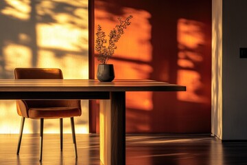 Wall Mural - A Wooden Table with a Chair and a Dried Flower Arrangement in a Pot