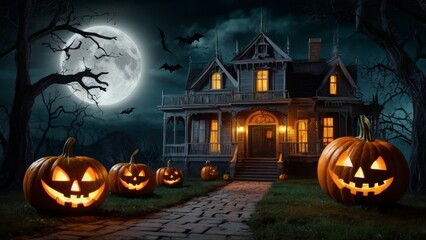 Canvas Print - halloween house with pumpkin and bats full moon midnight darkness background