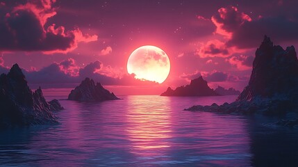 Wall Mural - a full moon rises over a calm, still ocean, casting a warm pink glow on the surrounding mountains an