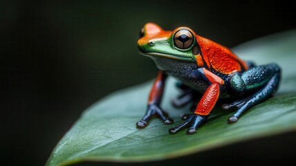 Close-up of a red and green poison dart frog resting on a leaf with soft bokeh background, hyper-detailed, striking coloration