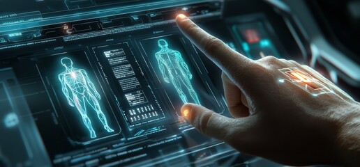 Poster - An entrepreneur holds a futuristic interface hud for his business