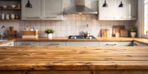Poster - Wooden table on blurred kitchen bench background. Empty wooden table and blurred kitchen background, wood, table, kitchen